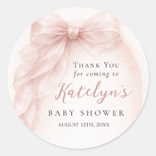 Pink Bow Baby Girl Shower Blush Watercolor Classic Round Sticker