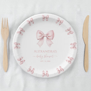 Pink Bow Baby Girl Shower Cute Coquette Watercolor Paper Plate
