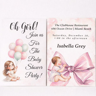 Pink Bow Baby Girl Shower Party with balloons  Invitation