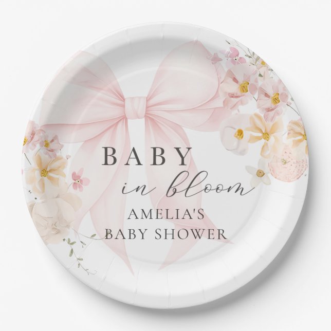 Pink Bow Baby in Bloom Baby Shower Paper Plate (Front)
