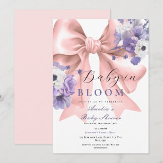Pink Bow Baby in Bloom Baby Shower Purple Floral Invitation