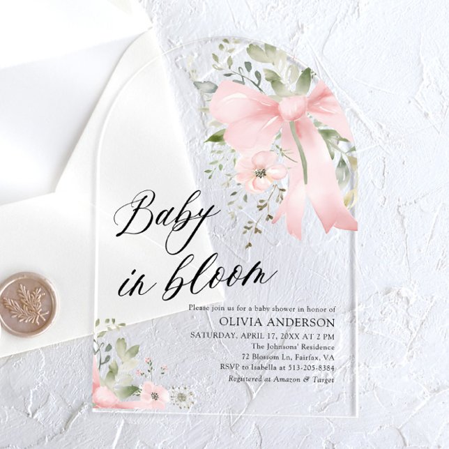 Pink Bow Baby in Bloom Floral Baby Shower Arch Acrylic Invitations (Watercolor Pink Bow Baby in Bloom Floral Girl Baby Shower Acrylic Invitations)