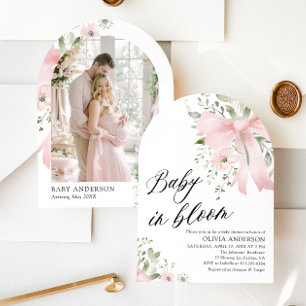 Pink Bow Baby in Bloom Floral Baby Shower Arch Invitation