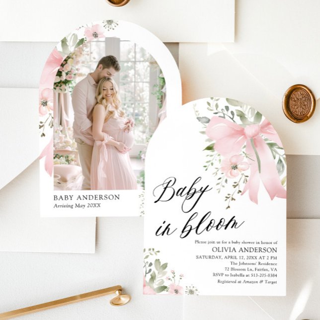 Pink Bow Baby in Bloom Floral Baby Shower Arch Invitation (Watercolor Cute Pink Bow Baby in Bloom Floral Girl Arch Baby Shower Invitation)