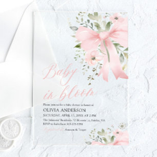 Pink Bow Baby in Bloom Floral Girl Baby Shower Acrylic Invitations