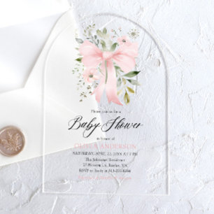Pink Bow Baby in Bloom Floral Girl Baby Shower Acrylic Invitations