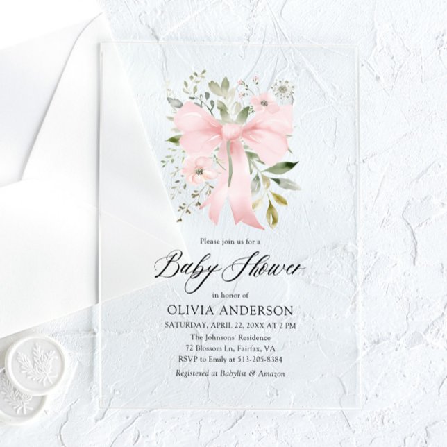 Pink Bow Baby in Bloom Floral Girl Baby Shower Acrylic Invitations (Creator Uploaded)