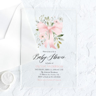 Pink Bow Baby in Bloom Floral Girl Baby Shower Acrylic Invitations