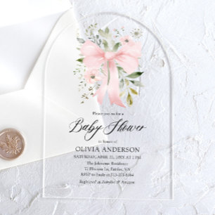 Pink Bow Baby in Bloom Floral Girl Baby Shower Acrylic Invitations