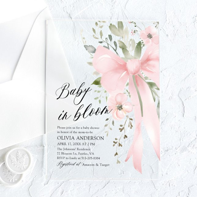 Pink Bow Baby in Bloom Floral Girl Baby Shower Acrylic Invitations (Creator Uploaded)