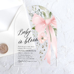 Pink Bow Baby in Bloom Floral Girl Baby Shower Acrylic Invitations