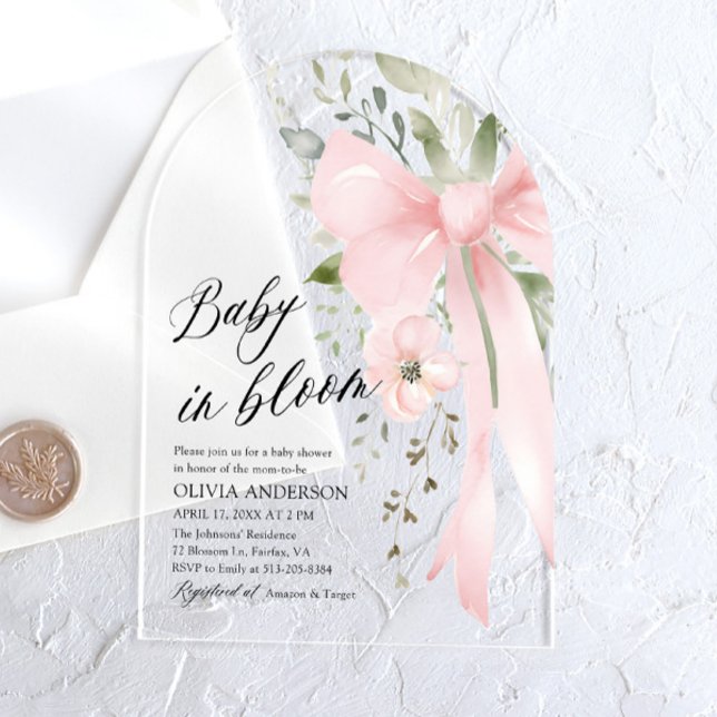 Pink Bow Baby in Bloom Floral Girl Baby Shower Acrylic Invitations (Creator Uploaded)