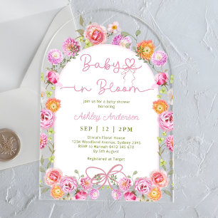 Pink Bow Baby in Bloom Floral Girl Baby Shower Acrylic Invitations