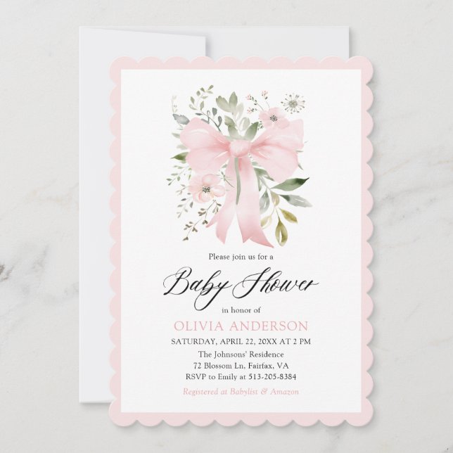 Pink Bow Baby in Bloom Floral Girl Baby Shower Invitation (Front)