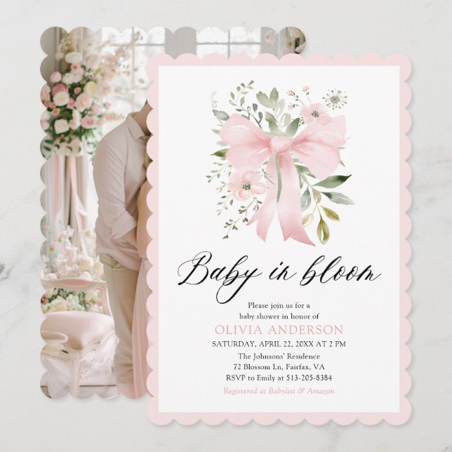 Pink Bow Baby in Bloom Floral Girl Baby Shower Invitation (Front/Back)