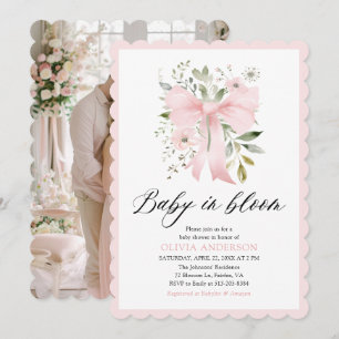 Pink Bow Baby in Bloom Floral Girl Baby Shower Invitation