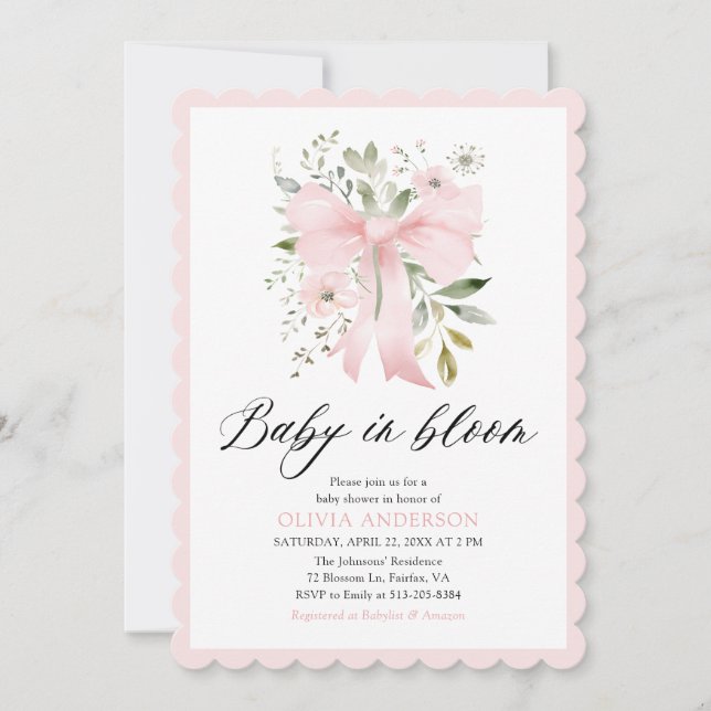 Pink Bow Baby in Bloom Floral Girl Baby Shower Invitation (Front)