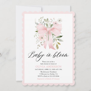 Pink Bow Baby in Bloom Floral Girl Baby Shower Invitation