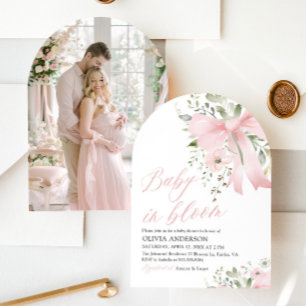 Pink Bow Baby in Bloom Floral Girl Baby Shower Invitation