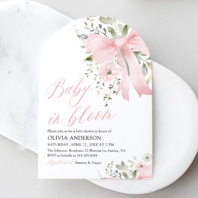 Pink Bow Baby in Bloom Floral Girl Baby Shower Invitation (Pink Bow Floral Baby in Bloom Girl Baby Shower Arched Invitation)
