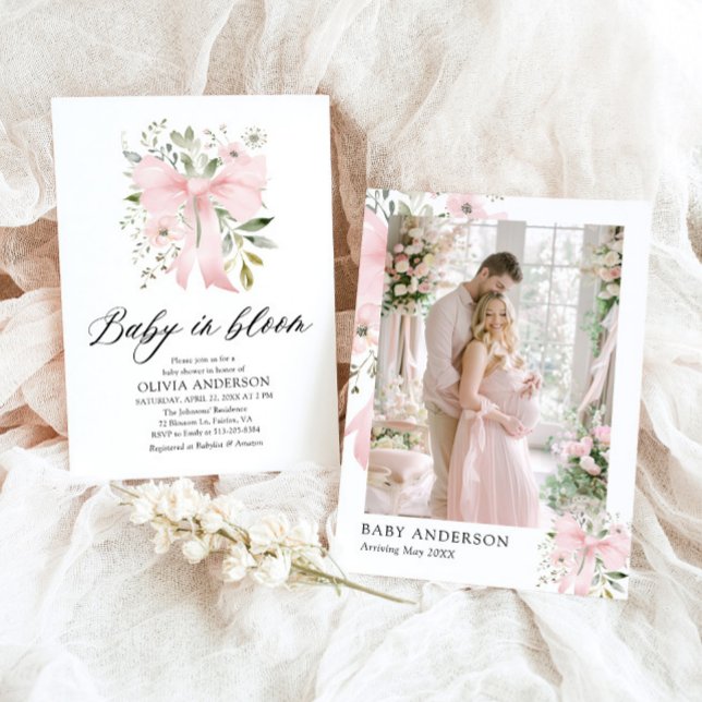 Pink Bow Baby in Bloom Floral Girl Baby Shower Invitation (Blush Pink Bow Floral Baby in Bloom Girl Baby Shower Invitation)