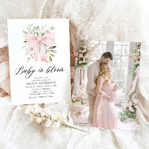 Pink Bow Baby in Bloom Floral Girl Baby Shower Invitation