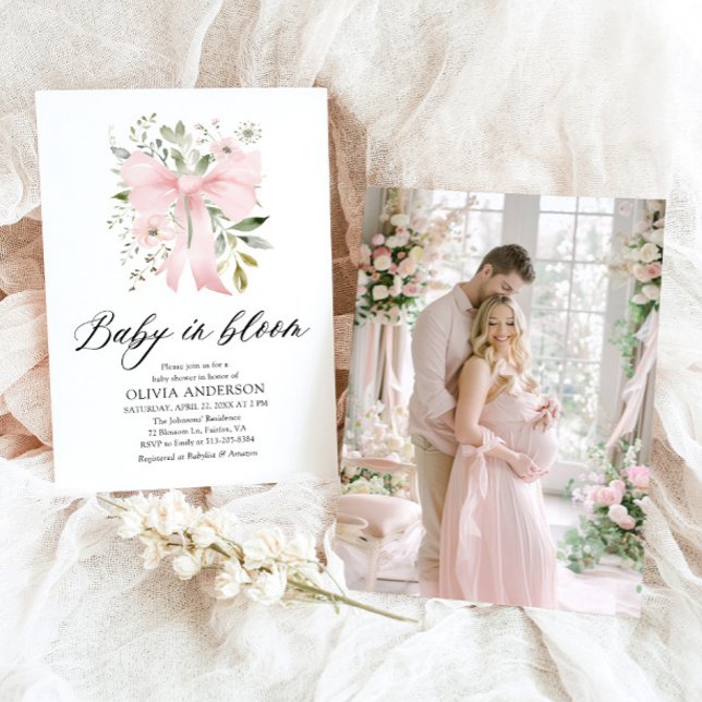 Pink Bow Baby in Bloom Floral Girl Baby Shower Invitation (Blush Pink Bow Baby in Bloom Floral Girl Baby Shower Invitation)