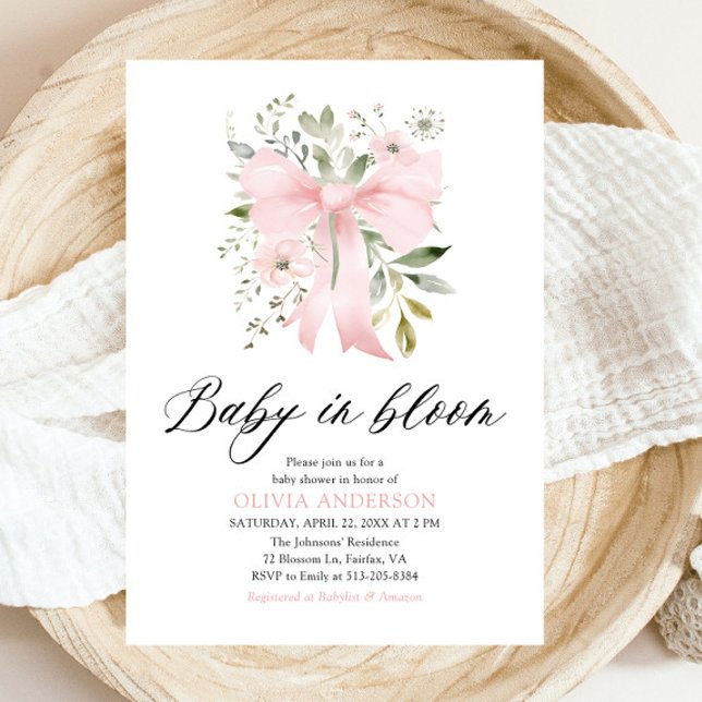 Pink Bow Baby in Bloom Floral Girl Baby Shower Invitation (Blush Pink Bow Floral Baby in Bloom Girl Baby Shower Invitation)
