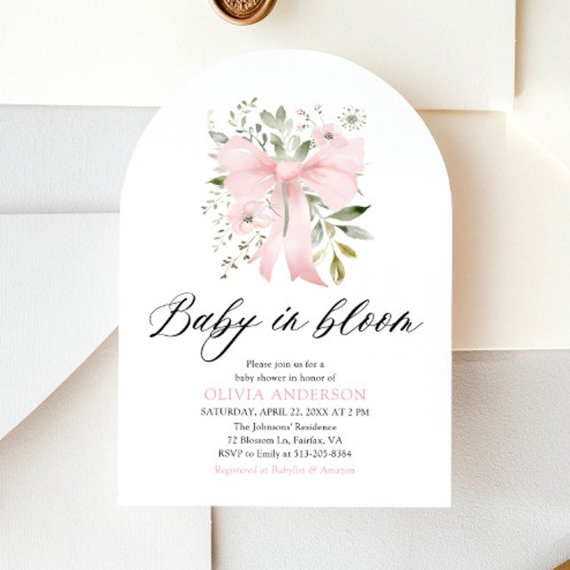 Pink Bow Baby in Bloom Floral Girl Baby Shower Invitation (Blush Pink Bow Floral Baby in Bloom Girl Baby Shower Arched Invitation)
