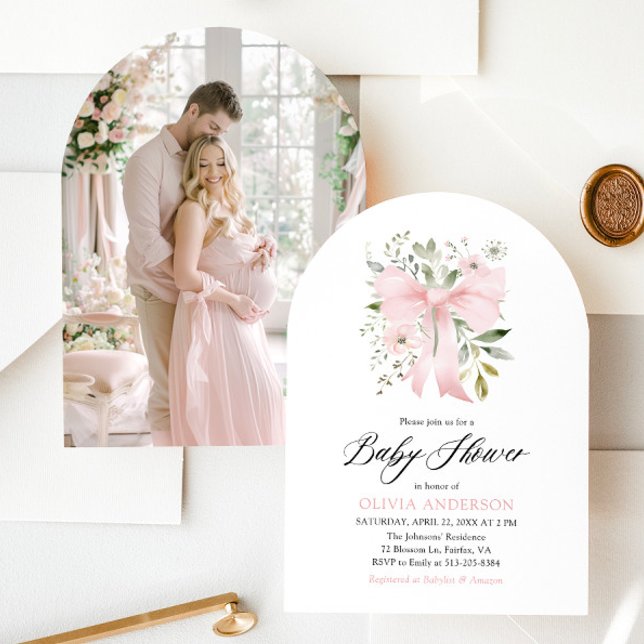 Pink Bow Baby in Bloom Floral Girl Baby Shower Invitation (Watercolor Blush Pink Bow Floral Girl Baby Shower Arched Invitation)