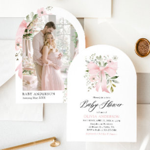 Pink Bow Baby in Bloom Floral Girl Baby Shower Invitation