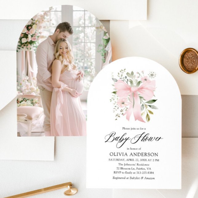 Pink Bow Baby in Bloom Floral Girl Baby Shower Invitation (Blush Pink Bow Floral Girl Baby Shower Arched Invitation)