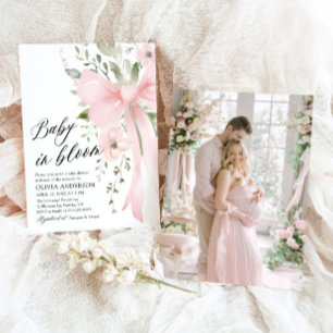 Pink Bow Baby in Bloom Floral Girl Baby Shower Invitation