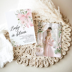 Pink Bow Baby in Bloom Floral Girl Baby Shower Invitation