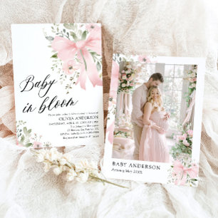 Pink Bow Baby in Bloom Floral Girl Baby Shower Invitation