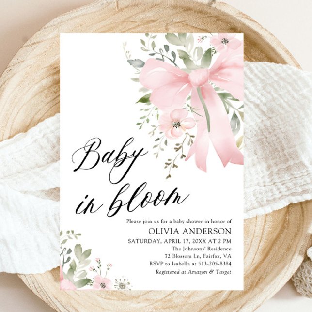 Pink Bow Baby in Bloom Floral Girl Baby Shower Invitation (Watercolor Pink Bow Baby in Bloom Floral Girl Baby Shower Invitation)
