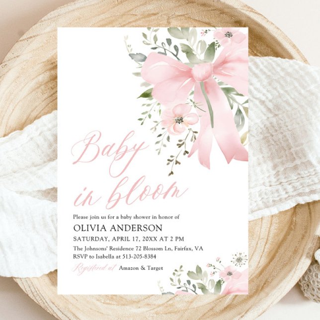 Pink Bow Baby in Bloom Floral Girl Baby Shower Invitation (Watercolor Pink Bow Baby in Bloom Floral Girl Baby Shower Invitation)