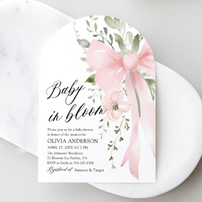 Pink Bow Baby in Bloom Floral Girl Baby Shower Invitation (Watercolor Cute Pink Bow Baby in Bloom Floral Girl Arch Baby Shower Invitation)