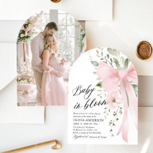 Pink Bow Baby in Bloom Floral Girl Baby Shower Invitation