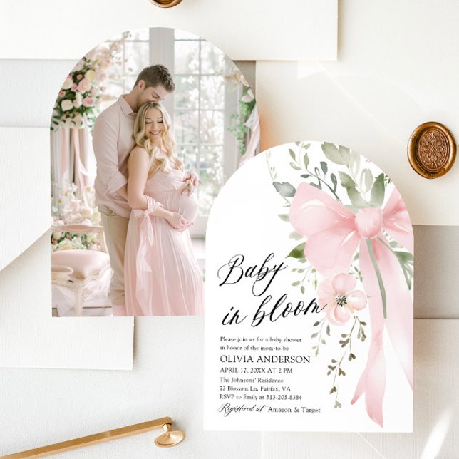 Pink Bow Baby in Bloom Floral Girl Baby Shower Invitation (Watercolor Cute Pink Bow Baby in Bloom Floral Girl Arch Baby Shower Invitation)