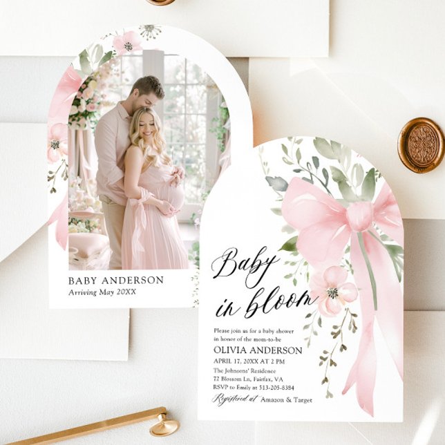 Pink Bow Baby in Bloom Floral Girl Baby Shower Invitation (Watercolor Cute Pink Bow Baby in Bloom Floral Girl Arch Baby Shower Invitation)
