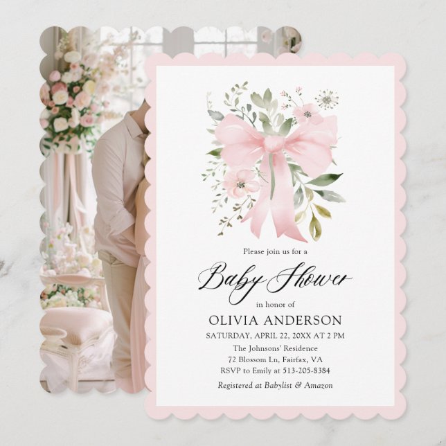 Pink Bow Baby in Bloom Floral Girl Baby Shower Invitation (Front/Back)