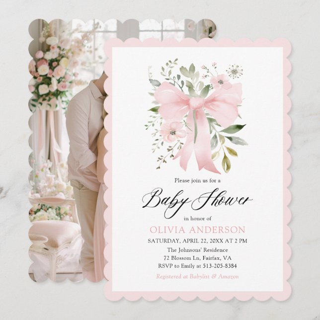 Pink Bow Baby in Bloom Floral Girl Baby Shower Invitation (Front/Back)