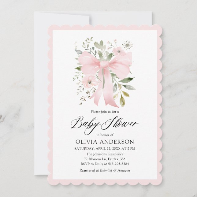 Pink Bow Baby in Bloom Floral Girl Baby Shower Invitation (Front)