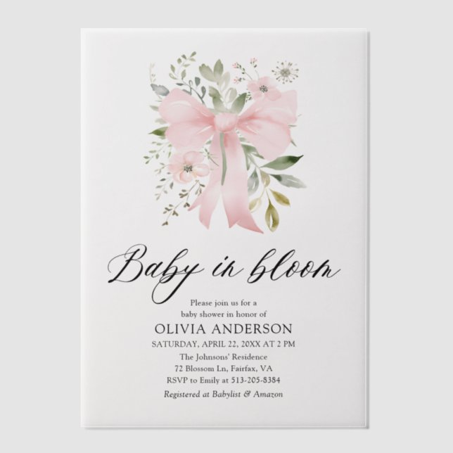 Pink Bow Baby in Bloom Floral Girl Baby Shower Vellum Invitations (Front)