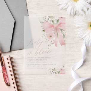 Pink Bow Baby in Bloom Floral Girl Baby Shower Vellum Invitations