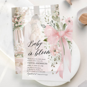 Pink Bow Baby in Bloom Floral Girl Baby Shower Vellum Invitations