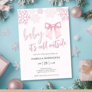 Pink Bow Baby Its Cold Outside Baby Shower Invitation