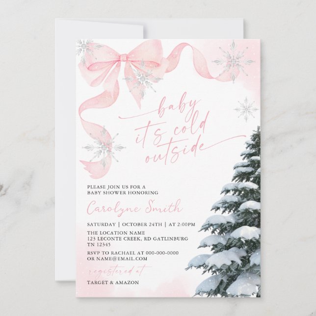 Pink Bow Baby It's Cold Outside Baby Shower Invitation (Front)