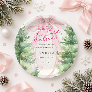 Pink Bow Baby It's Cold Outside Baby Shower Paper Plate
